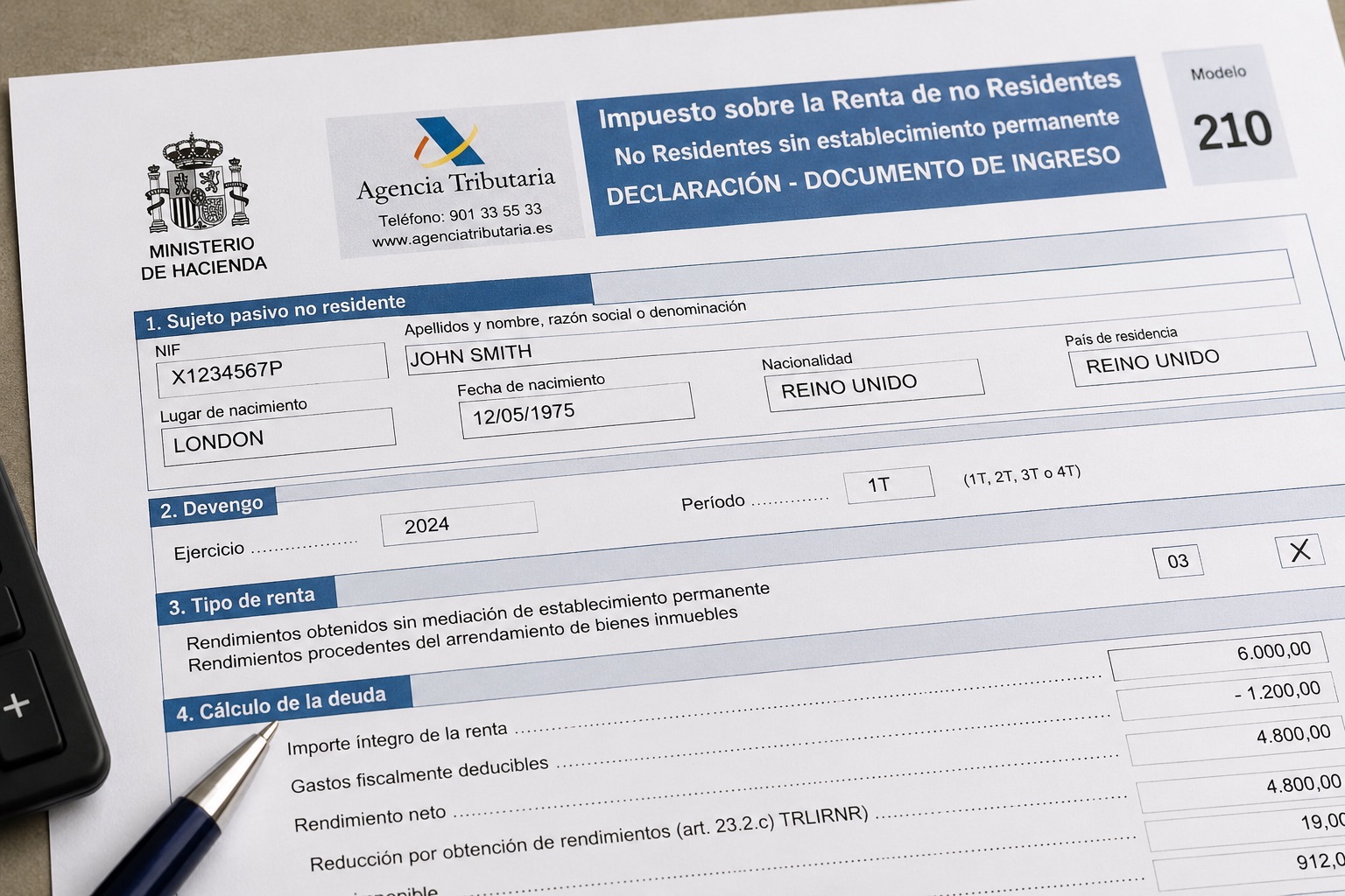 Non-resident rental tax document in Spain